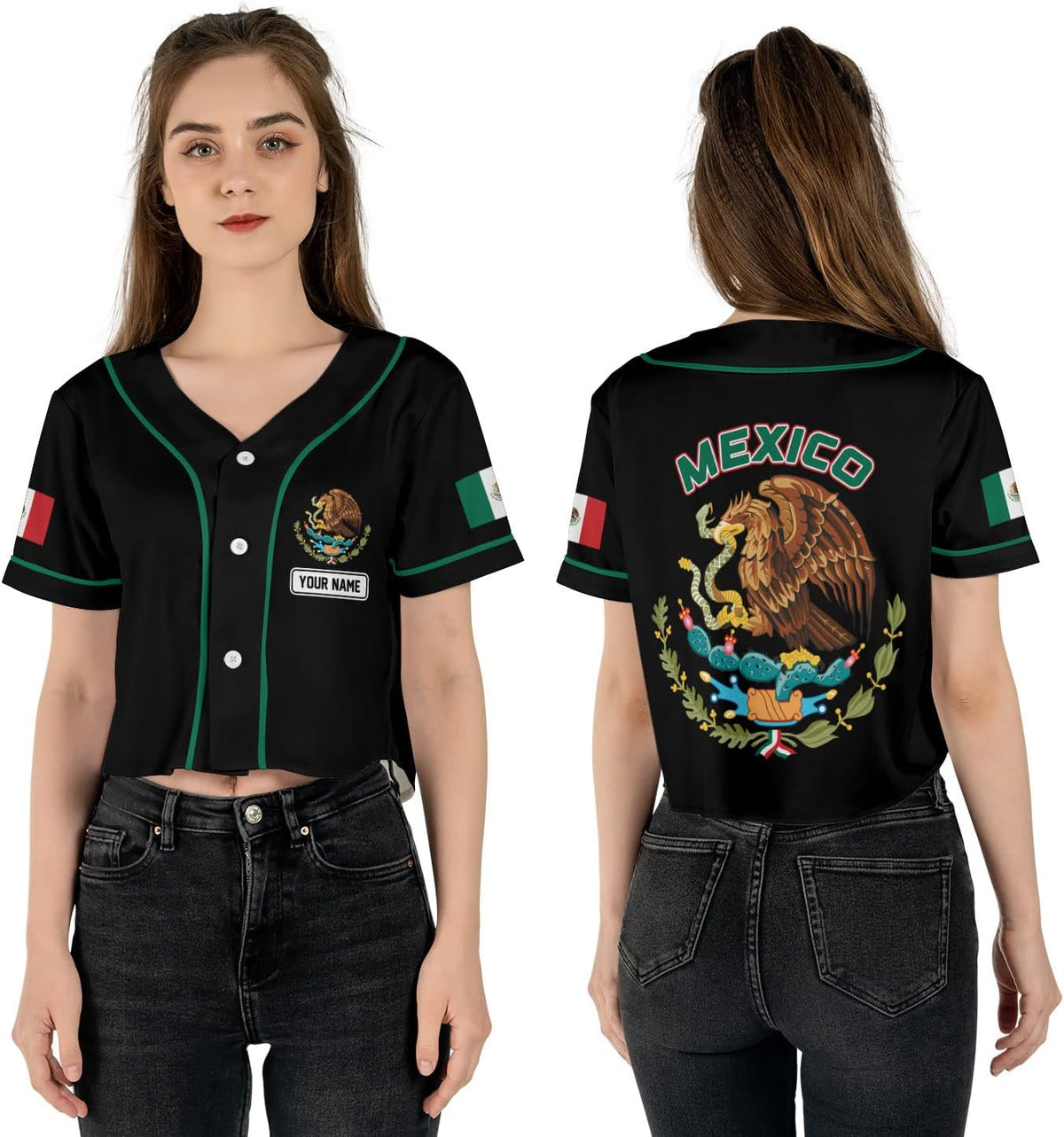 Personalized Name Mexico Crop Top Baseball Jersey Shirt, Mexican Jersey for Women, Jersey Mexico Shirt 3D Gifts (BJ74)