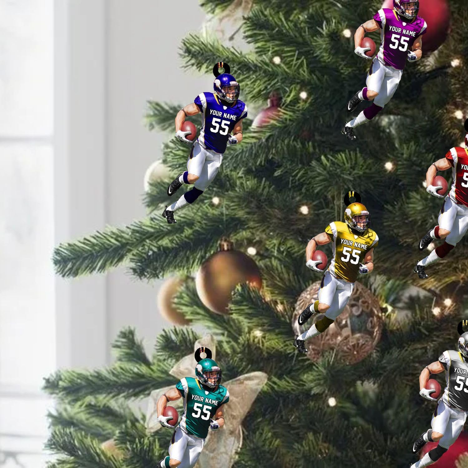 MoonArt Personalized Name Football Ornaments 2023, Customized Football Christmas Ornaments Wood Ornament Christmas Tree Hanging Ornament Pine Tree Decorations for Kid Couple Friends Family, Red (FB2)