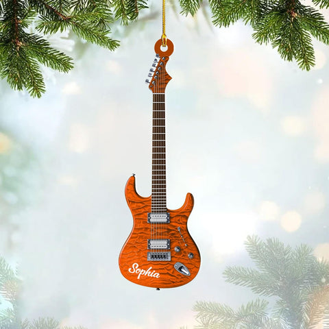 Personalized Acoustic Guitar Ornament - Guitar Christmas Plastic Wooden Ornament, Musical Instrument for Band, Red Electric Guitar Instrument, Custom Name Gift for Guitarist, Songs Music Notes (GT5)