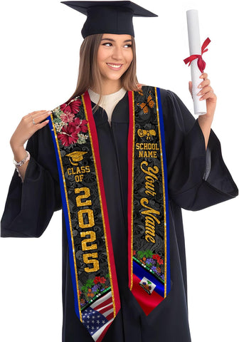 Pretyprints Haitians Graduation Sash, Haiti Graduation Stole Custom, Personalized Haitians American Flag Graduation Sash 2025