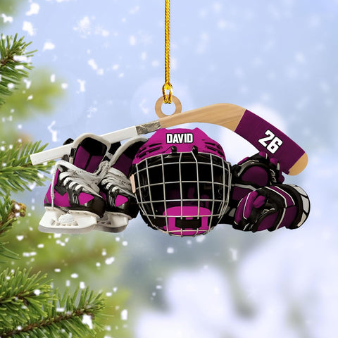 HomeDesign Personalized Hockey Christmas Ornament, Hockey Skates Helmet and Stick, Hockey Player Ornament, Hockey Ornaments, Gift for Hockey Lovers Hockey Ornament Christmas Decor (H8)