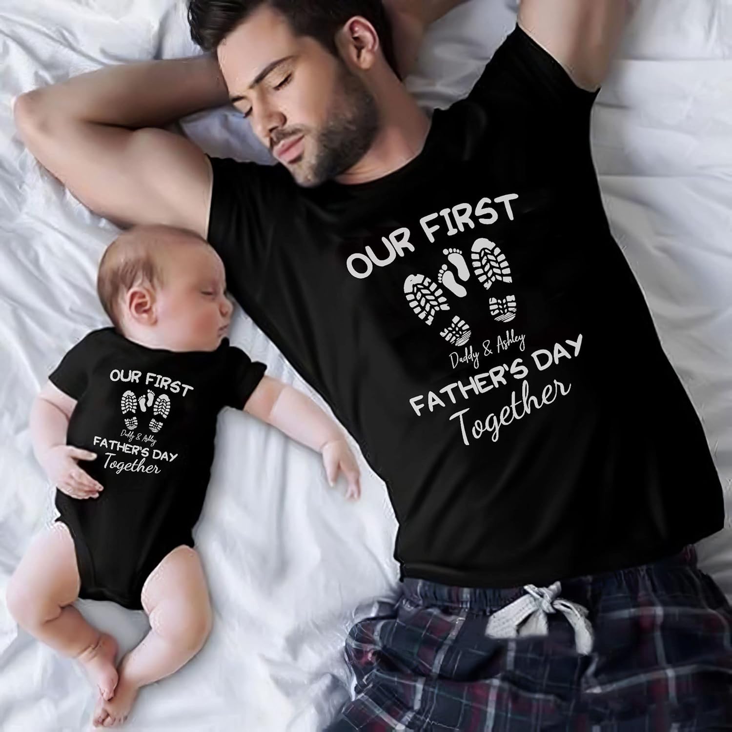 Personalized Dad Shirt Father's Day Matching Tee Set Gift for Dad and Child Daddy Tshirt Baby Onesie Shirt Gifts for Father (1st with Footprints)