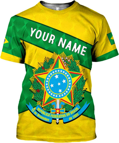 Mostprints Personalized Name Brazil Shirt 3D, Brasil Shirt Flag Custom Name Brazilian Shirt for Men and Women Unisex S-5XL