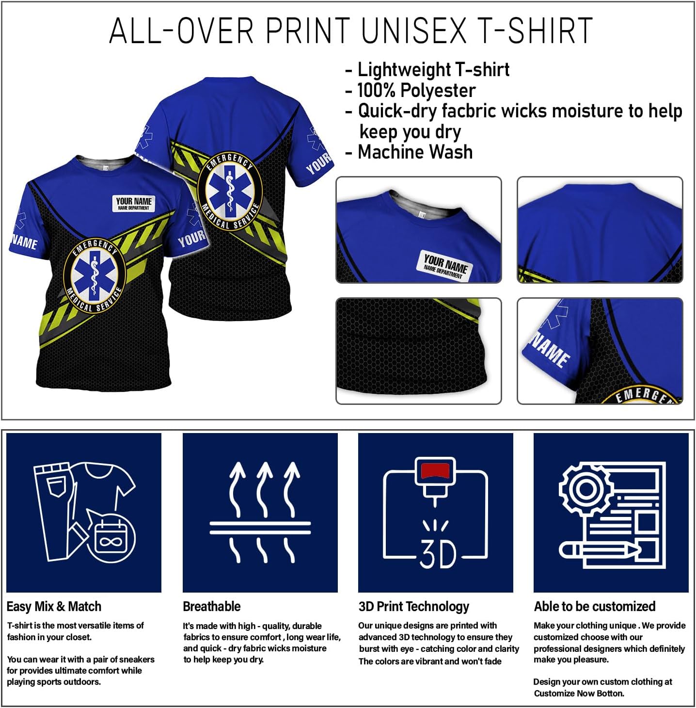 Custom EMS EMT Shirts Men Women, Personalized Paramedic Uniform Emergency Medical Technician Apparel, EMS Week Gifts