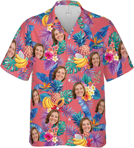 Customized Tropical Floral Hawaiian Shirt with Face for Men and Women, Wife's Husband\u2019s Photo Aloha Beach Fruit Flower Shirts