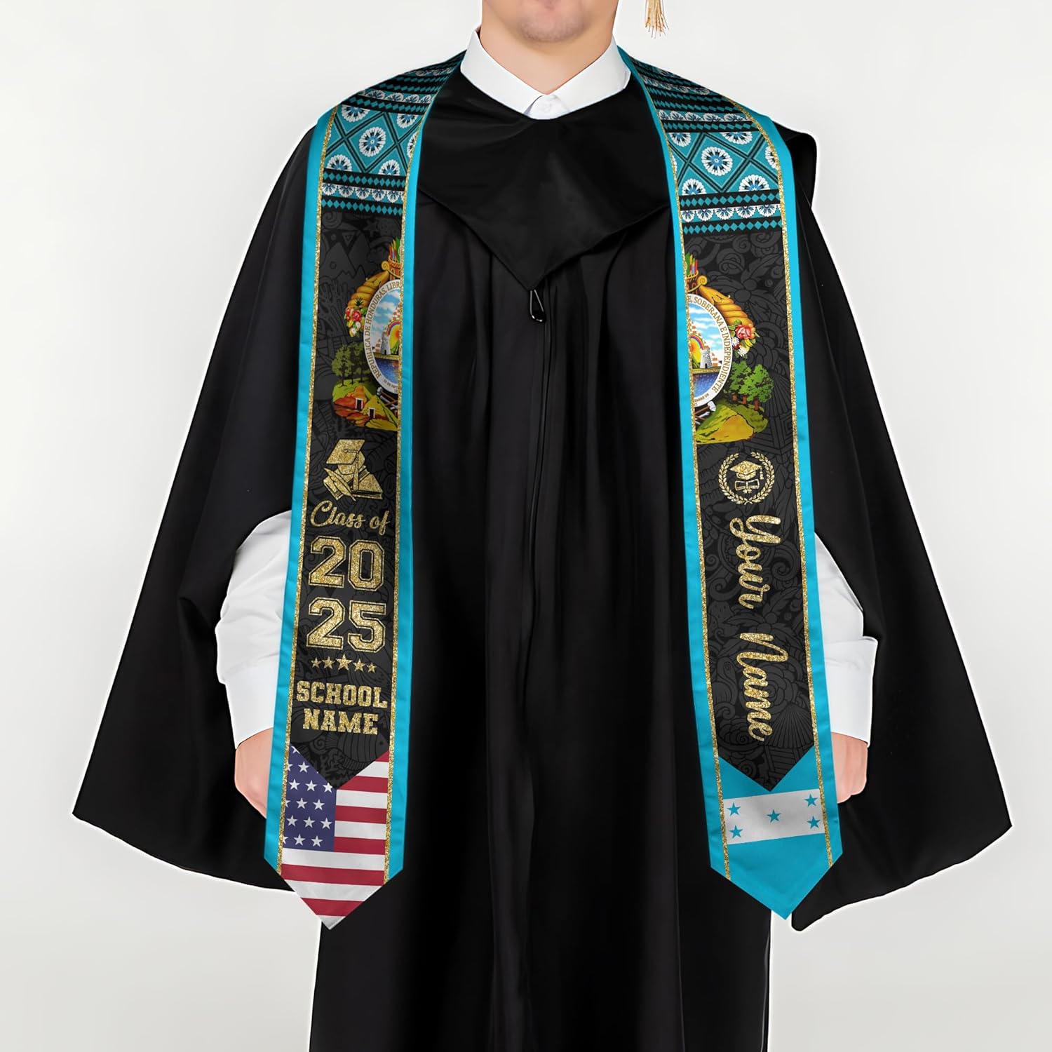Pretyprints Honduran Graduation Sash, Custom Honduran American Flag Graduation Sash 2025, Honduras Graduation Stole