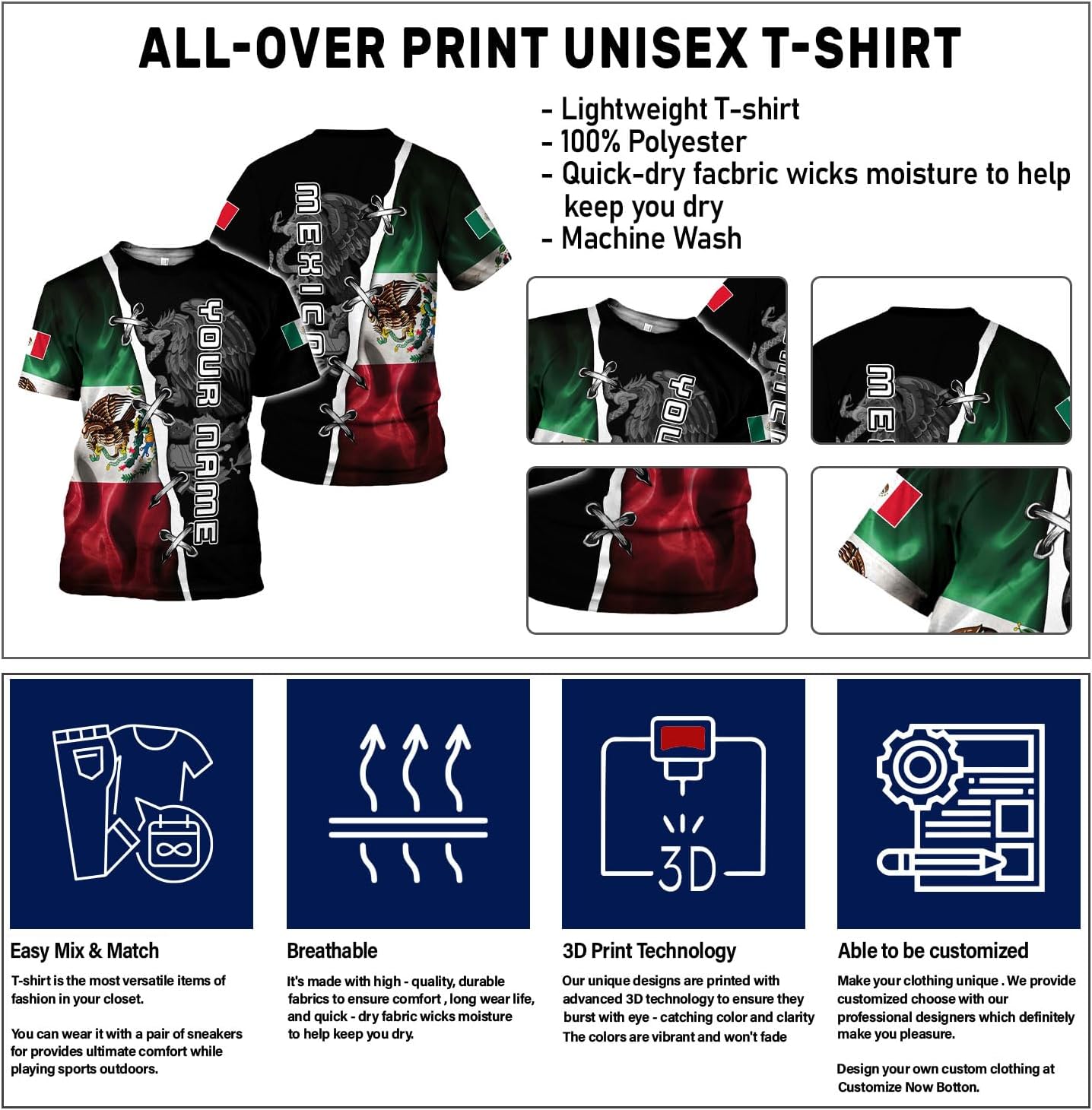 Rivelus Personalized Name Mexican Shirts for Men, Customized Mexico Shirts for Men, Mexico Shirts for Women Mexico Shirt