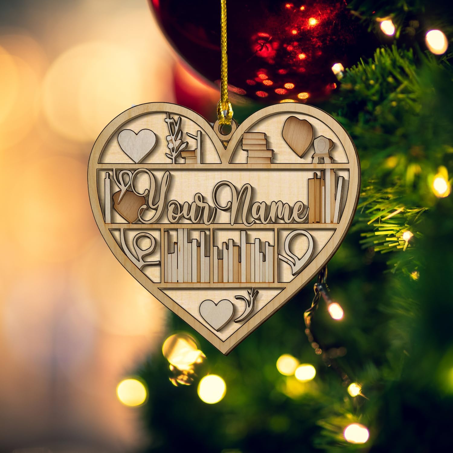 MAPrints Personalized Book Lovers Heart Ornament, Reading Book Xmas Ornament 2024, Bookshelf Wood Ornament Gift for Her Librarian 2D Flat Printed Wood Book Lovers Ornament (Book 3)