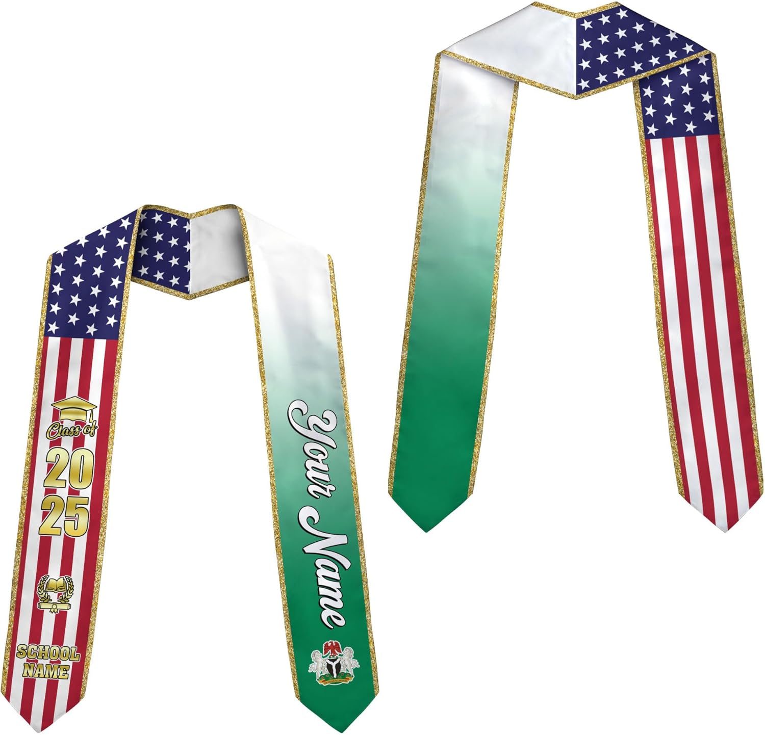 Pretyprints Custom Nigerian Graduation Sash, Nigeria Graduation Stole Customize, Nigerian American Flag Graduation Sash 2025