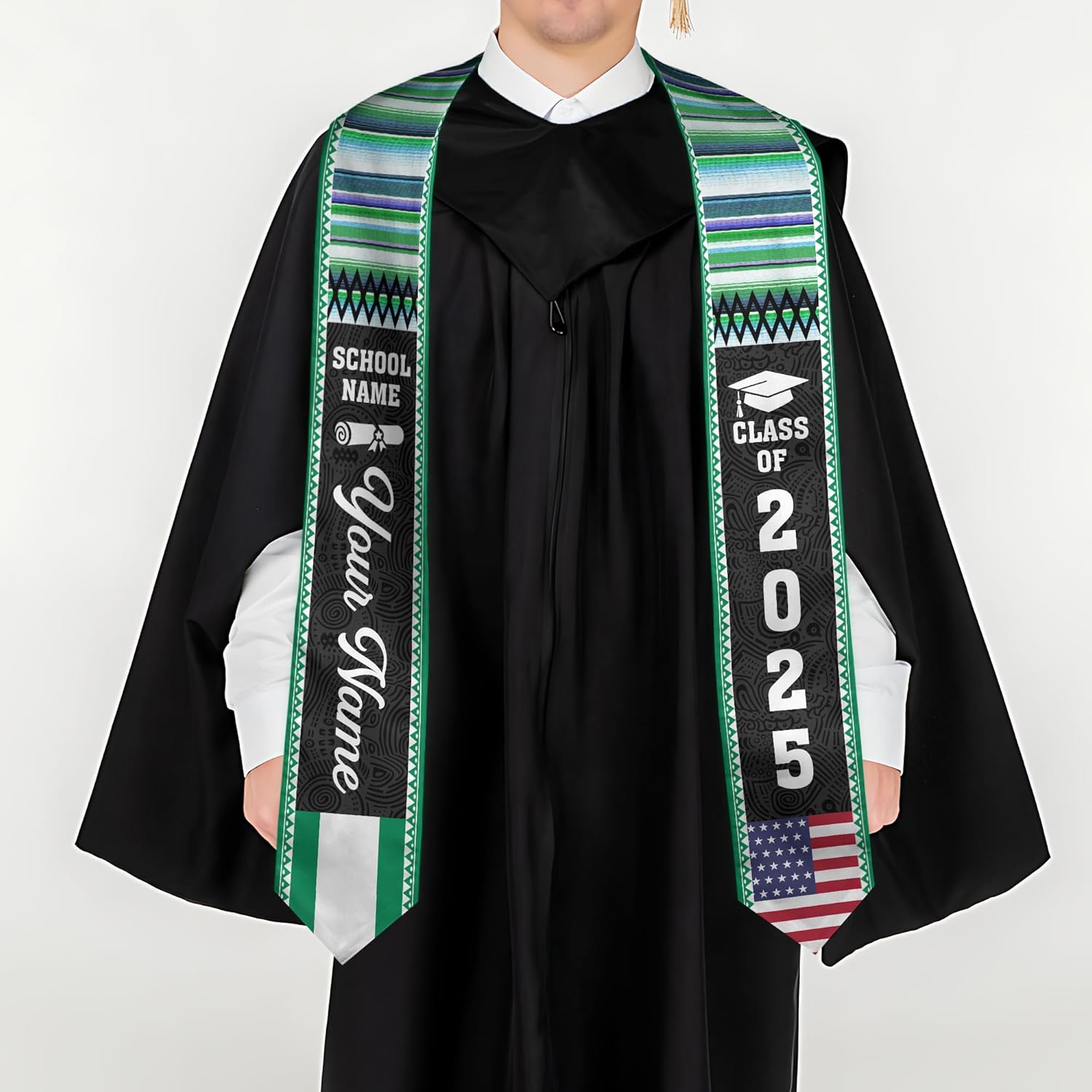 Pretyprints Custom Nigerian Graduation Sash, Nigeria Graduation Stole Customize, Nigerian American Flag Graduation Sash 2025