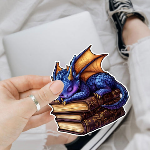 3 Pcs Cute Purple Dragon Sleeping on Books Sticker Waterproof Vinyl Fantasy Book Sticker Book Lover Decal for Laptop, Water Bottle, Kindle, Phone Case, Car, Helmet, Gifts 3"x3"
