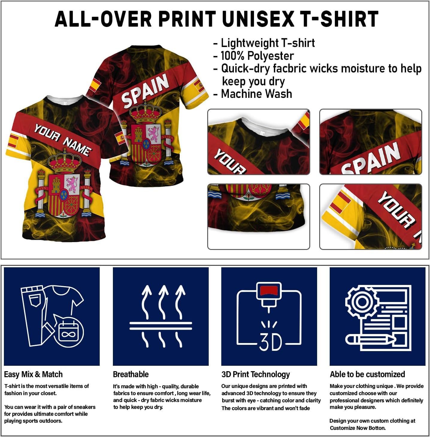 Ligthuy Personalized Name Spain Shirt 3D, Custom Spainish Shirt Flag for Men and Women, Italia Shirt Soccer Unisex Size