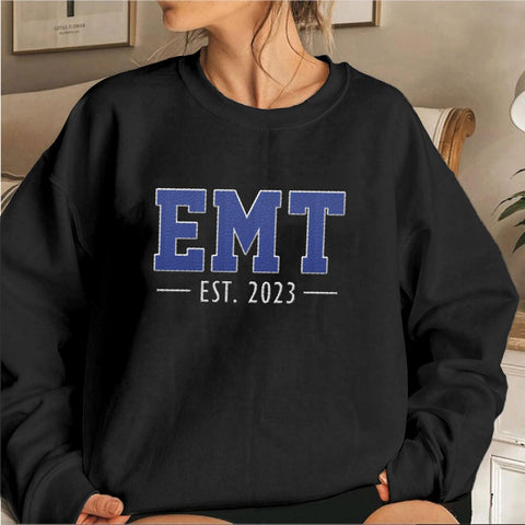 Personalized EMT EMS Paramedic Thin White Line Embroidered Sweatshirt, EMT Student, EMT Future, Medical Worker (Cotton, SS142), Small-5X-Large