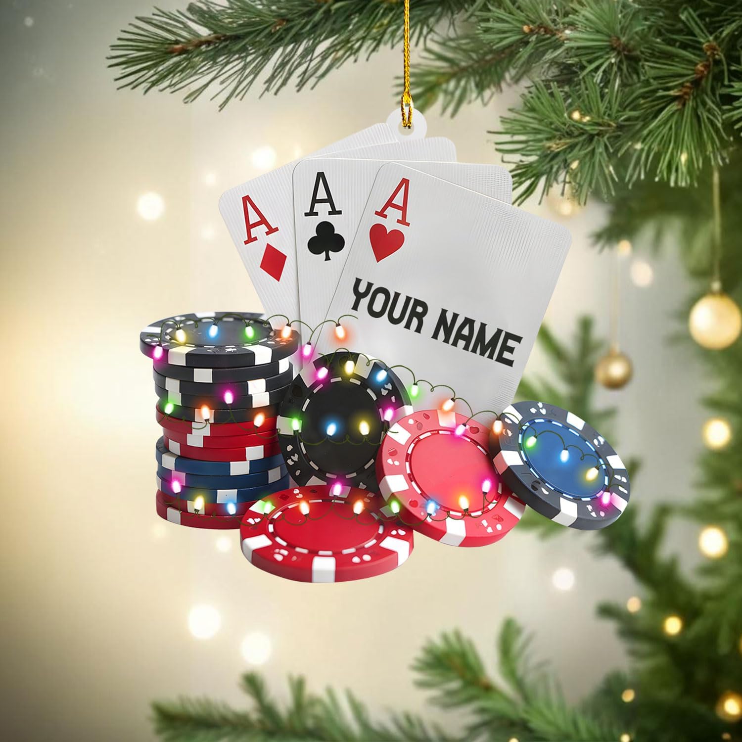 MAPrints Personalized Poker Christmas Ornament 2024, Poker Player Ornament, Sport Keepsake Present, Playing Cards Deck Wood Game Ornaments, Poker Aces Cards Chips Gambling Ornament (PK 7)