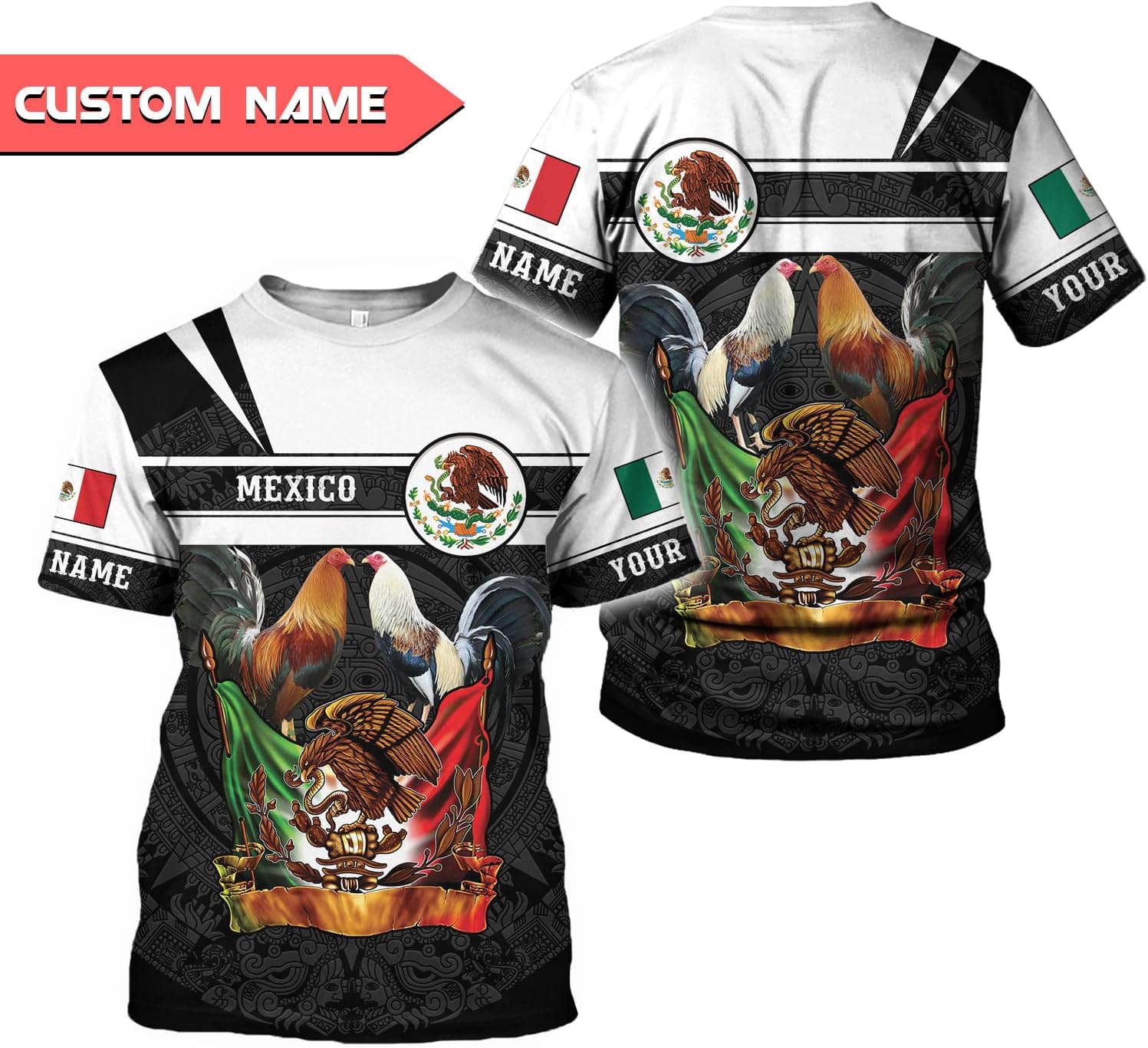 Mostefy Personalized Name Mexican Shirts for Men 3D, Rooster Mexico Shirts for Men, Mexico Shirt Eagle Flag Mexican Eagle (US, Alpha, Small, 5X-Large, Regular, Regular, Multi 14)
