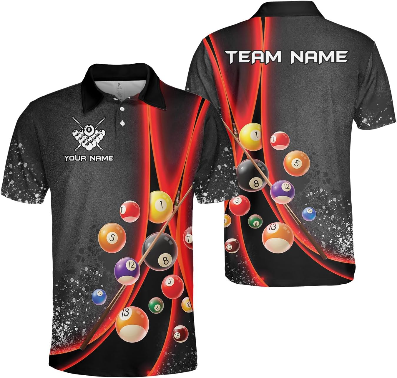 MoonArt Personalized Billiard Polo Shirts, Billiards Shirts for Men, Pool Shirts, 3D Billiards 8 Ball Pool, Billiard Team