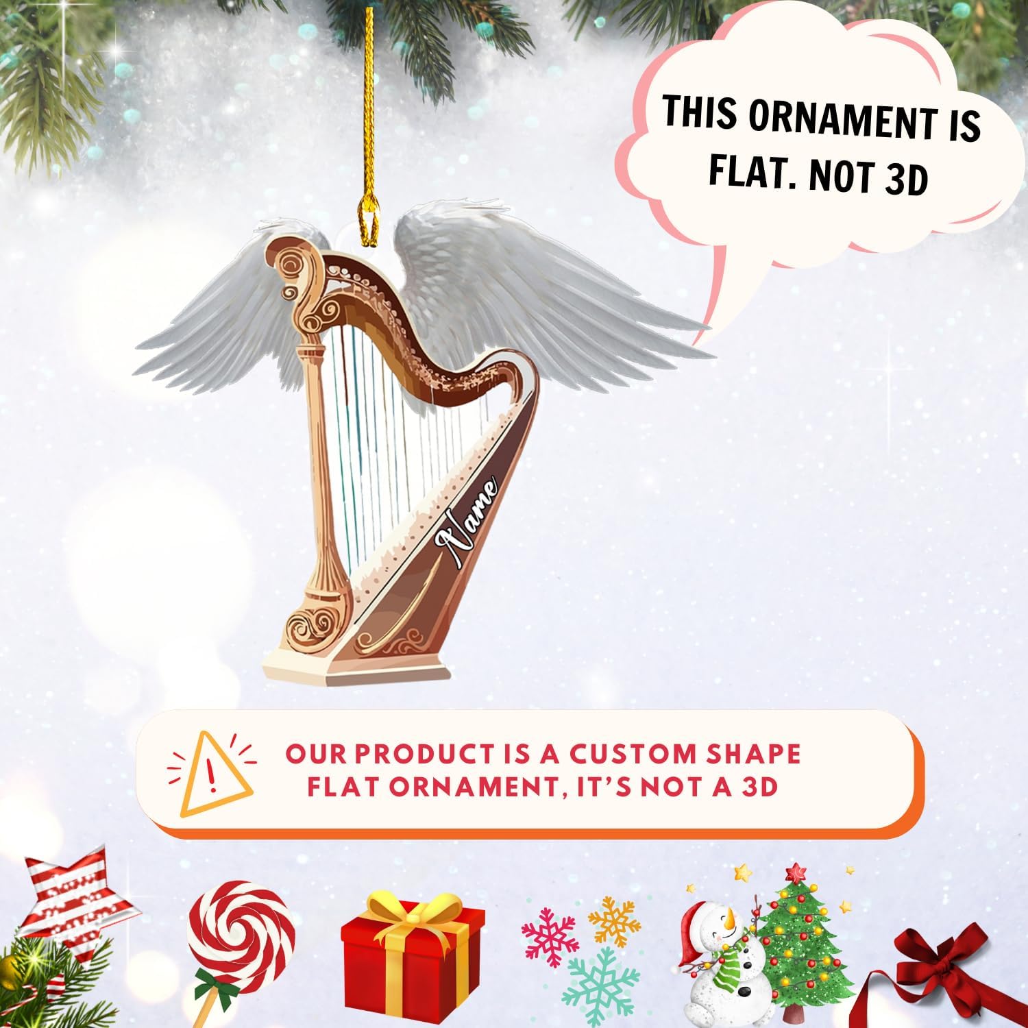 MAPrints Personalized Harp Acrylic 2D Flat Christmas Ornament 2024, Ornament Gift for Harp Player, Harpist Musical Ornament, Christmas Music Student Gifts, Musician Xmas Keepsake Present (Harp 4)