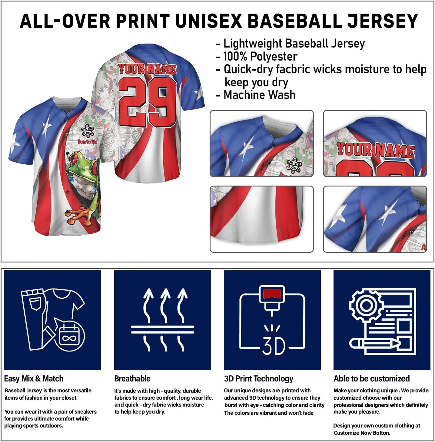 Personalized Puerto Rico Baseball Shirt,Customized Team Name Puerto Rican Baseball Jersey for Men,Women S-5XL