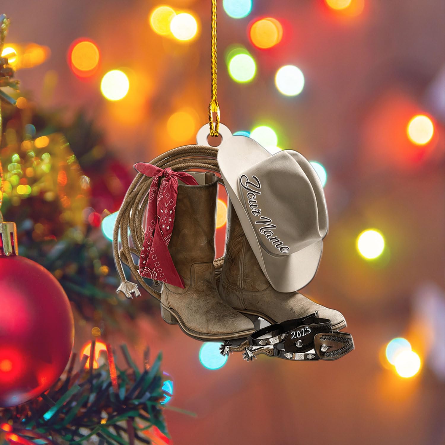 Royalbro Personalized Cowboy Christmas Ornaments, Cowboy Boots and Hat Ornament for Cowboy, Saddle Ornament, Cowboy Cowgirl Horseback Riding Ornament Tree Hanging Ornament (CB 10)