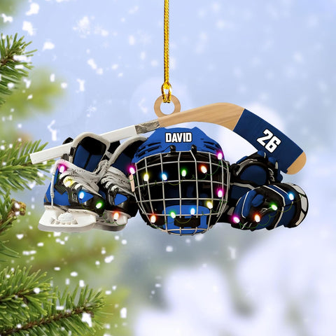 HomeDesign Personalized Hockey Christmas Ornament, Hockey Skates Helmet and Stick, Hockey Player Ornament, Hockey Ornaments, Gift for Hockey Lovers Hockey Ornament Christmas Decor (H8)