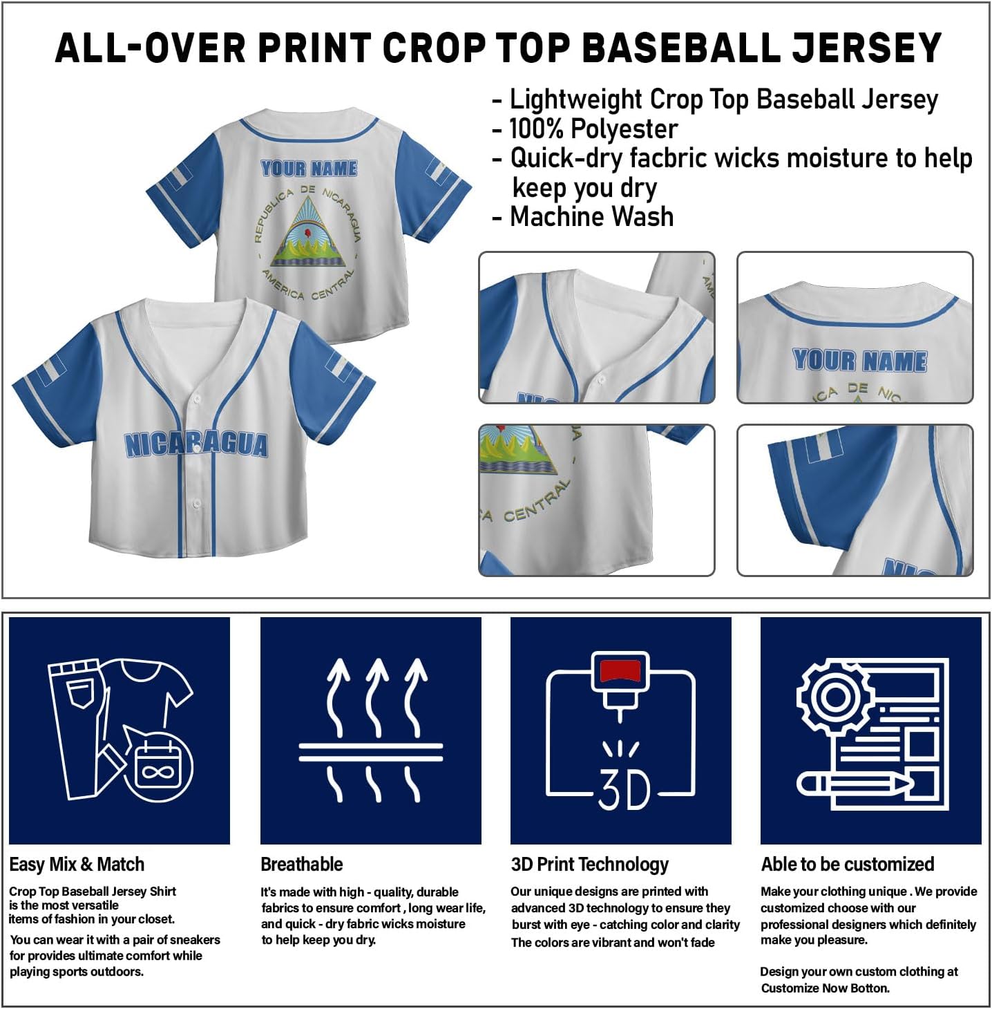 Personalized Nicaragua Baseball Croptop Shirt, Nicaraguan Flag Jersey for Women Jersey Pride