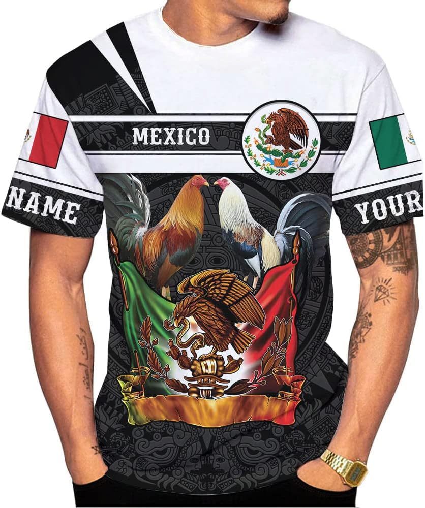 Personalized Name Mexican Shirts for Men 3D, Rooster Mexico Shirts for Men, Mexico Shirt Eagle Flag Mexican Eagle (US, Alpha, Small, 5X-Large, Regular, Regular, Multi 14)