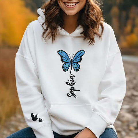 Podagree Personalized Butterfly Embroidered Sweatshirt, Custom Pink Butterfly Hoodie Name FLower Graphic