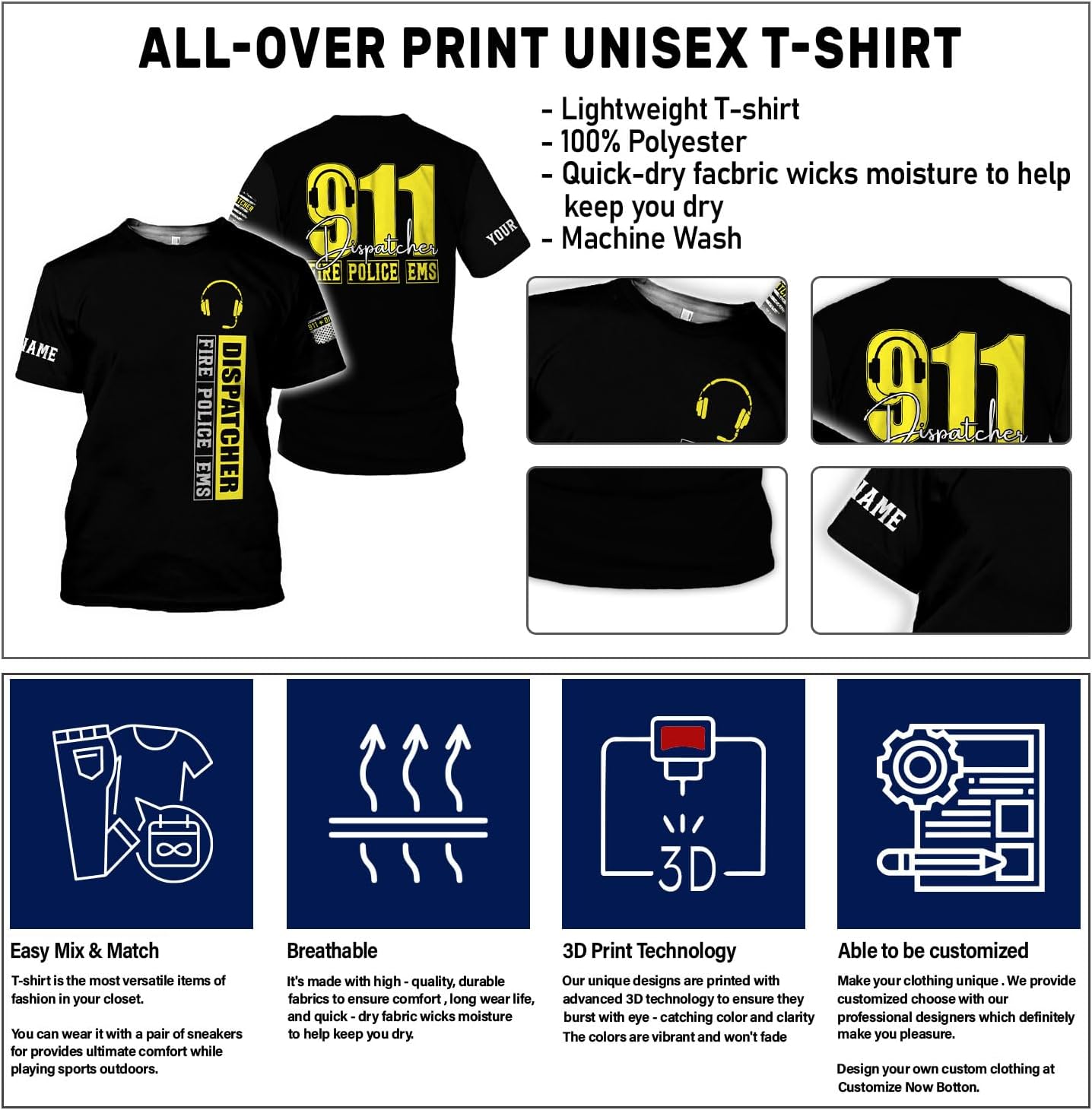 Personalized Name Dispatcher Thin Yellow Line US Flag Dispatcher T-Shirt, Custom Name Dispatcher T Shirts for Men and Women