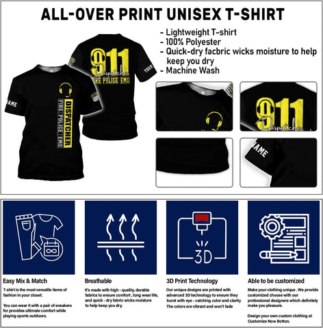 Personalized Name Dispatcher Thin Yellow Line US Flag Dispatcher T-Shirt, Custom Name Dispatcher T Shirts for Men and Women