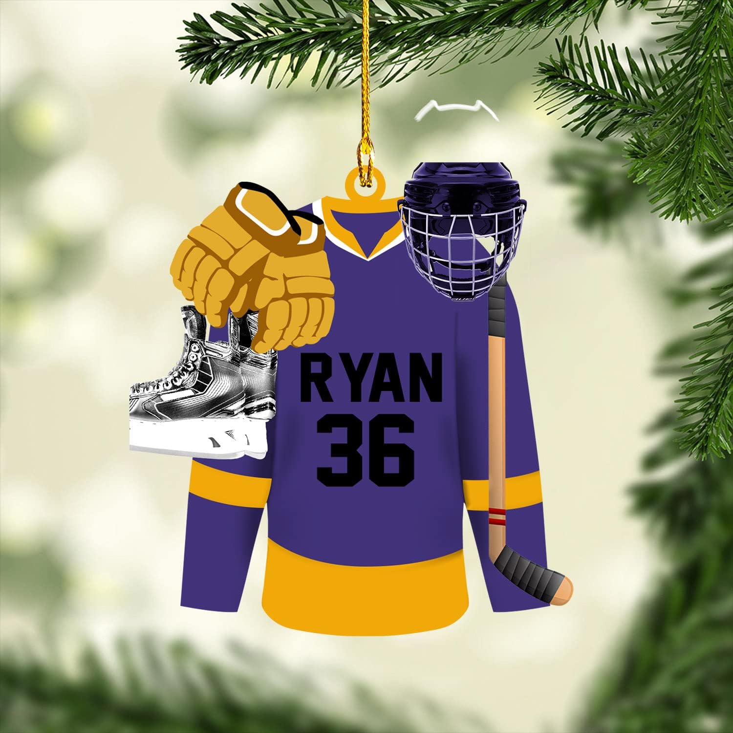 Personalized Hockey Ornaments for Xmas 2022, Hockey Ornament, Helmet, Gloves Wood Hockey Ornament, Hockey Christmas Ornament, for Hockey Lovers, Christmas Pine Tree Hanging Decor Wood Ornament, Red