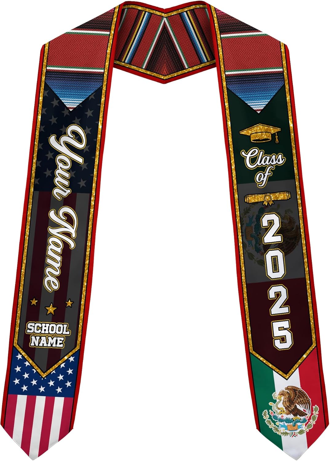 Custom Mexican Graduation Sash, Mexico Graduation Stole Customize Photo, Mexican American Flag Graduation Sash 2025