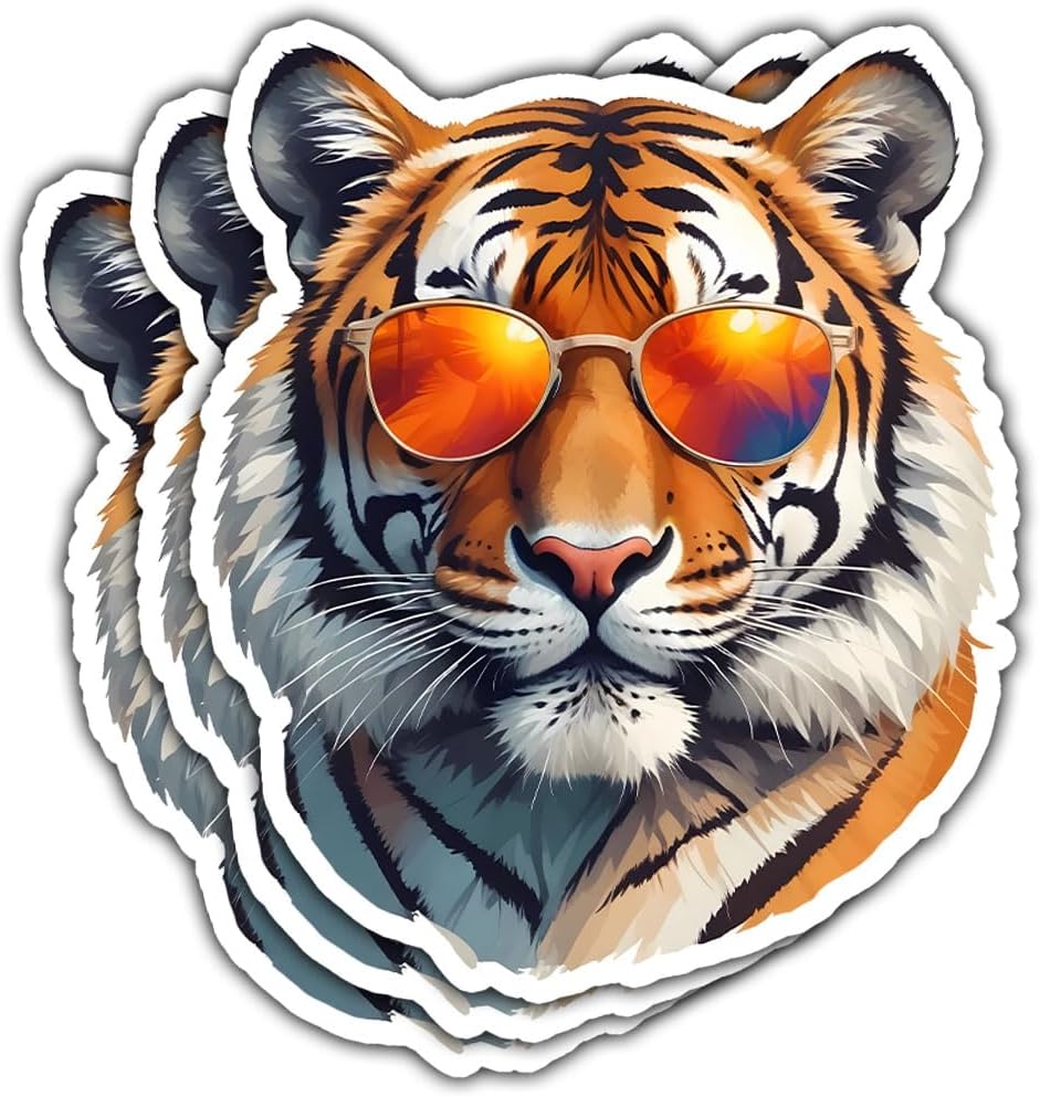 (3Pcs) Cool Tiger Sticker, Tiger Sunglasses Sticker, Tiger Decal, Tiger Sticker, Tiger Face Sticker, Tiger Bumper Sticker Vinyl Decal 3" - Stickers for Laptop Water Bottle Phone Car Window Helmet