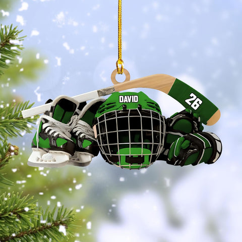 HomeDesign Personalized Hockey Christmas Ornament, Hockey Skates Helmet and Stick, Hockey Player Ornament, Hockey Ornaments, Gift for Hockey Lovers Hockey Ornament Christmas Decor (H8)