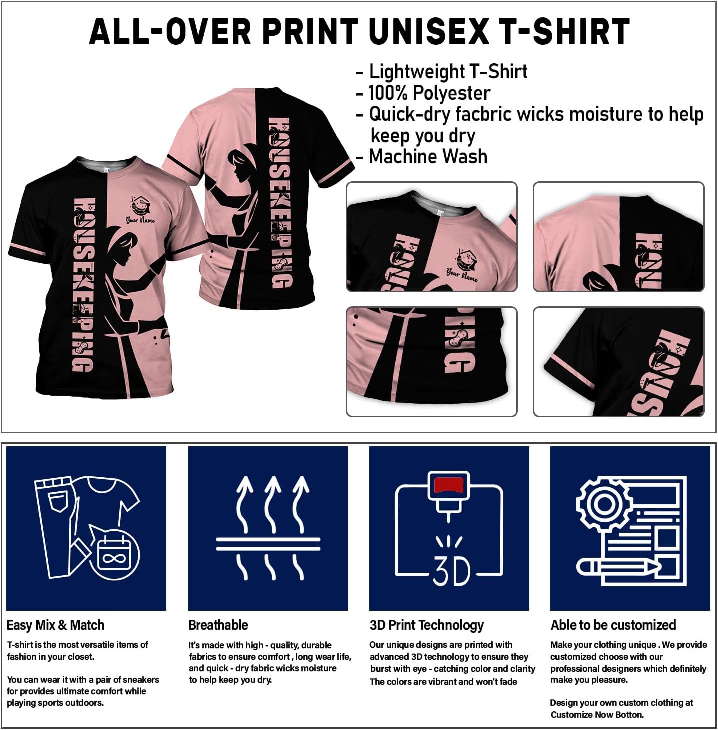 Personalized Housekeeping Shirts, Custom Cleaning Uniforms for Women 3D Cleaning Service Gifts Housekeeper Shirt Clean Lady