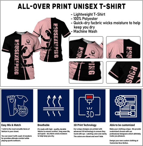 Personalized Housekeeping Shirts, Custom Cleaning Uniforms for Women 3D Cleaning Service Gifts Housekeeper Shirt Clean Lady