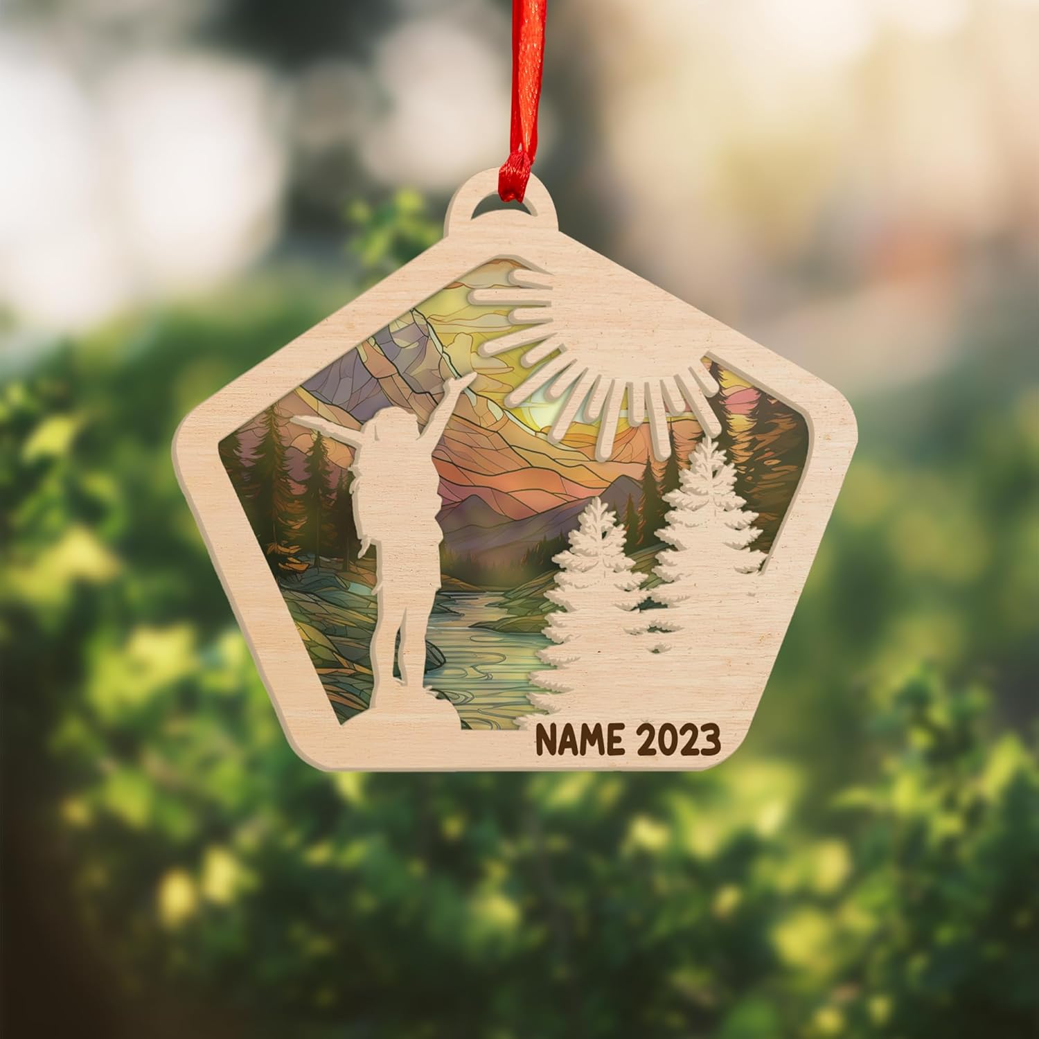 MAPrints Personalized Mountain Hiking Suncatcher Ornament, Hiker Ornament, Printed Wood Sport Christmas Ornament, Gifts for Hiking Lovers Hiking Backpack, Hanging Ornament for Christmas 2024 (Hiki 8)