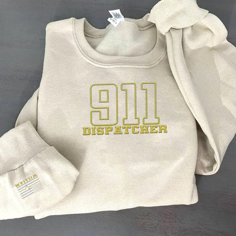 Custom Dispatcher Embroidered Sweatshirt with Thin Gold Line Flag 911 Emergency Services Personalized Shirt for Men and Women