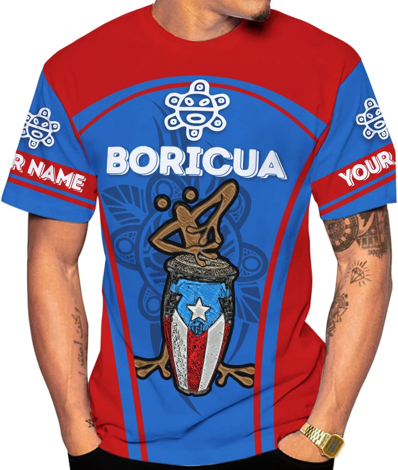 AOVL Personalized Puerto Rico Flag 3D Shirt - Unisex Adults - Red - Short Sleeve - Crew Neck - Modern - Polyester Blend - Fade Resistant - Size L
