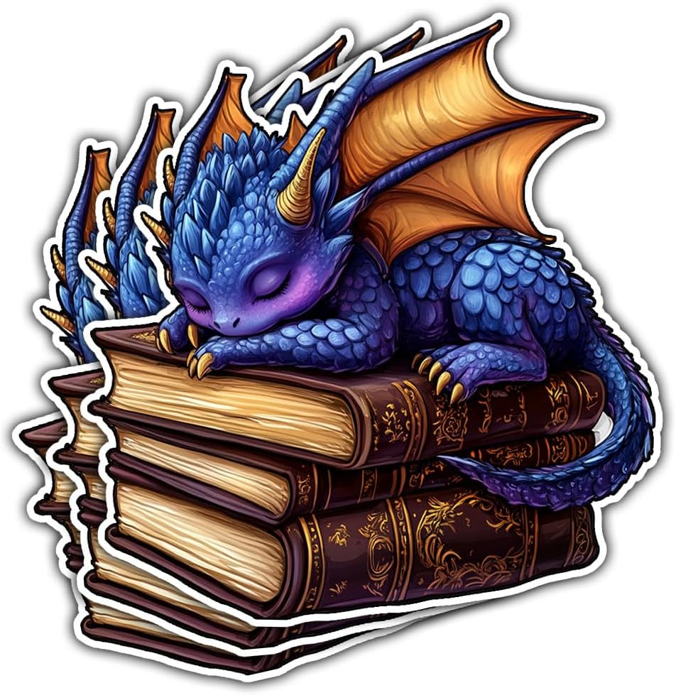 3 Pcs Cute Purple Dragon Sleeping on Books Sticker Waterproof Vinyl Fantasy Book Sticker Book Lover Decal for Laptop, Water Bottle, Kindle, Phone Case, Car, Helmet, Gifts 3"x3"