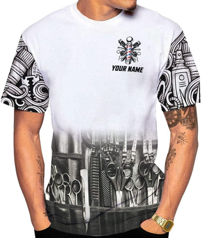 Personalized Barber Shop Shirt 3D Barber Shirts Hairdresser Haircutting Hairstylist Custom Salon Barber Tshirt Pole Scissors