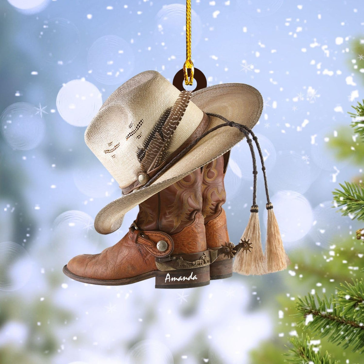 Podagree Personalized Cowboy Boots and Hat Christmas Ornament for Cowboy, Cowboy Cowgirl Horseback Riding Ornament, Horse Racing Ornament (CB9)