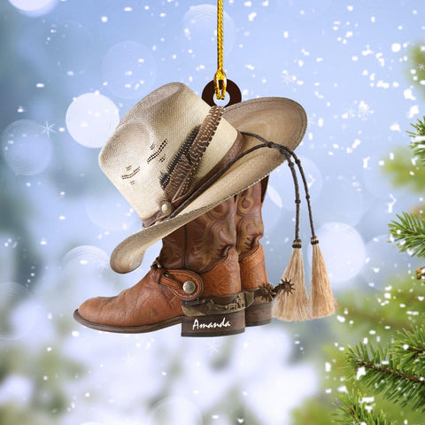 Podagree Personalized Cowboy Boots and Hat Christmas Ornament for Cowboy, Cowboy Cowgirl Horseback Riding Ornament, Horse Racing Ornament (CB9)