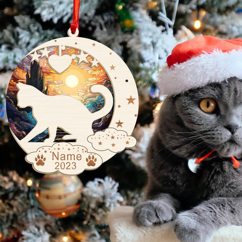 MAPrints Personalized Cat Christmas Ornaments, Cat First Christmas Suncatcher Wood Ornaments, Gifts for Cat Lovers, Cat Memorial Ornament, Forever Loved Cat Keepsake, Cat Loss Gifts (CAT 20)