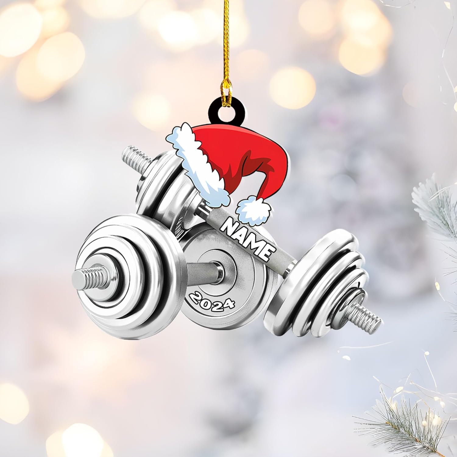 Personalized Dumbbell Ornament, Exercise Equipment Gym Christmas Ornament, Merry Fitness Gym Workout Trainer Coach Instructor, Barbell Weight Plates Weightlifter Gym Chair & Barbell (DBT1)