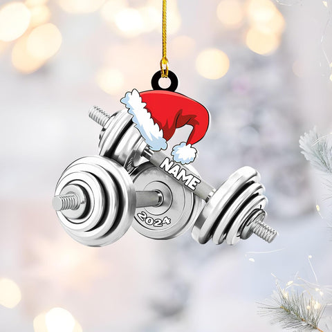 Personalized Dumbbell Ornament, Exercise Equipment Gym Christmas Ornament, Merry Fitness Gym Workout Trainer Coach Instructor, Barbell Weight Plates Weightlifter Gym Chair & Barbell (DBT1)
