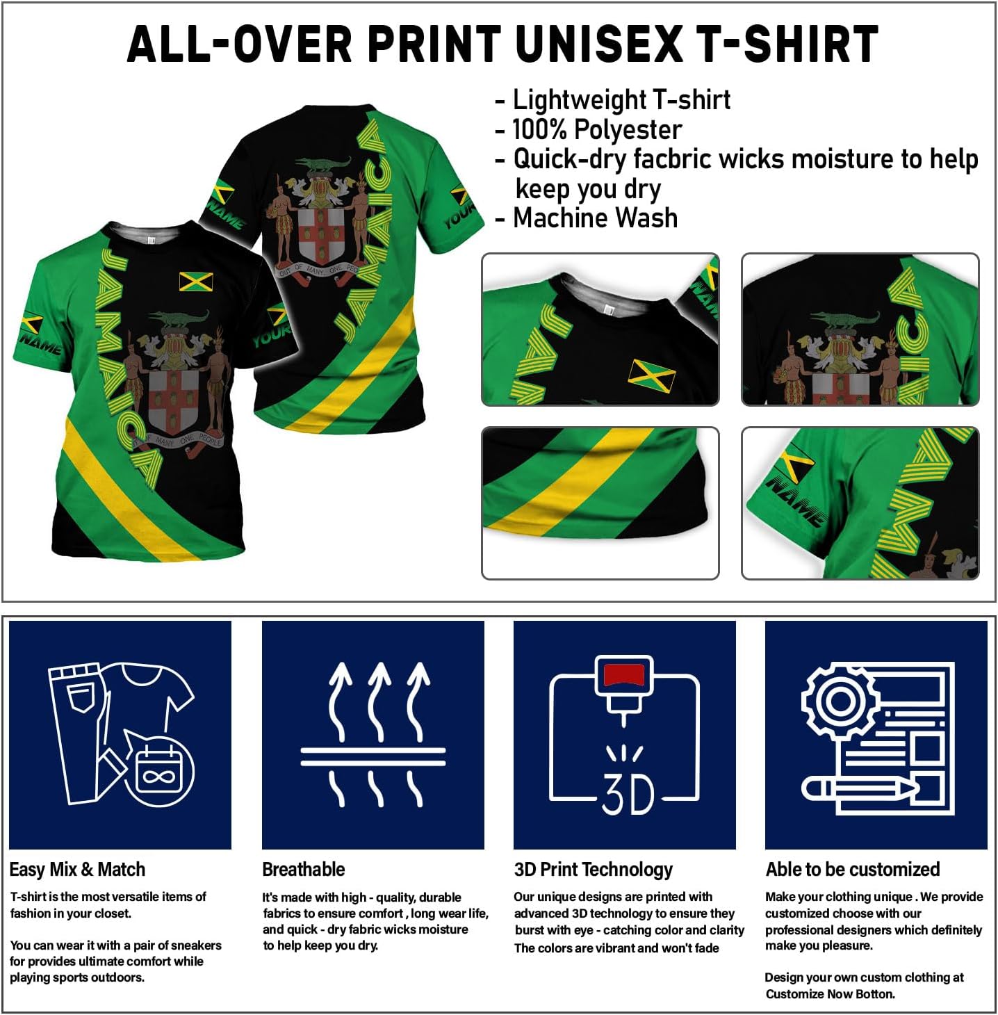 Ligthuy Personalized Jamaica Shirt 3D, Custom Jamaica Flag Lion Shirt for Men and Women, Jamaican Pride T-Shirt Unisex