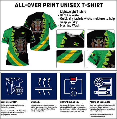 Ligthuy Personalized Jamaica Shirt 3D, Custom Jamaica Flag Lion Shirt for Men and Women, Jamaican Pride T-Shirt Unisex