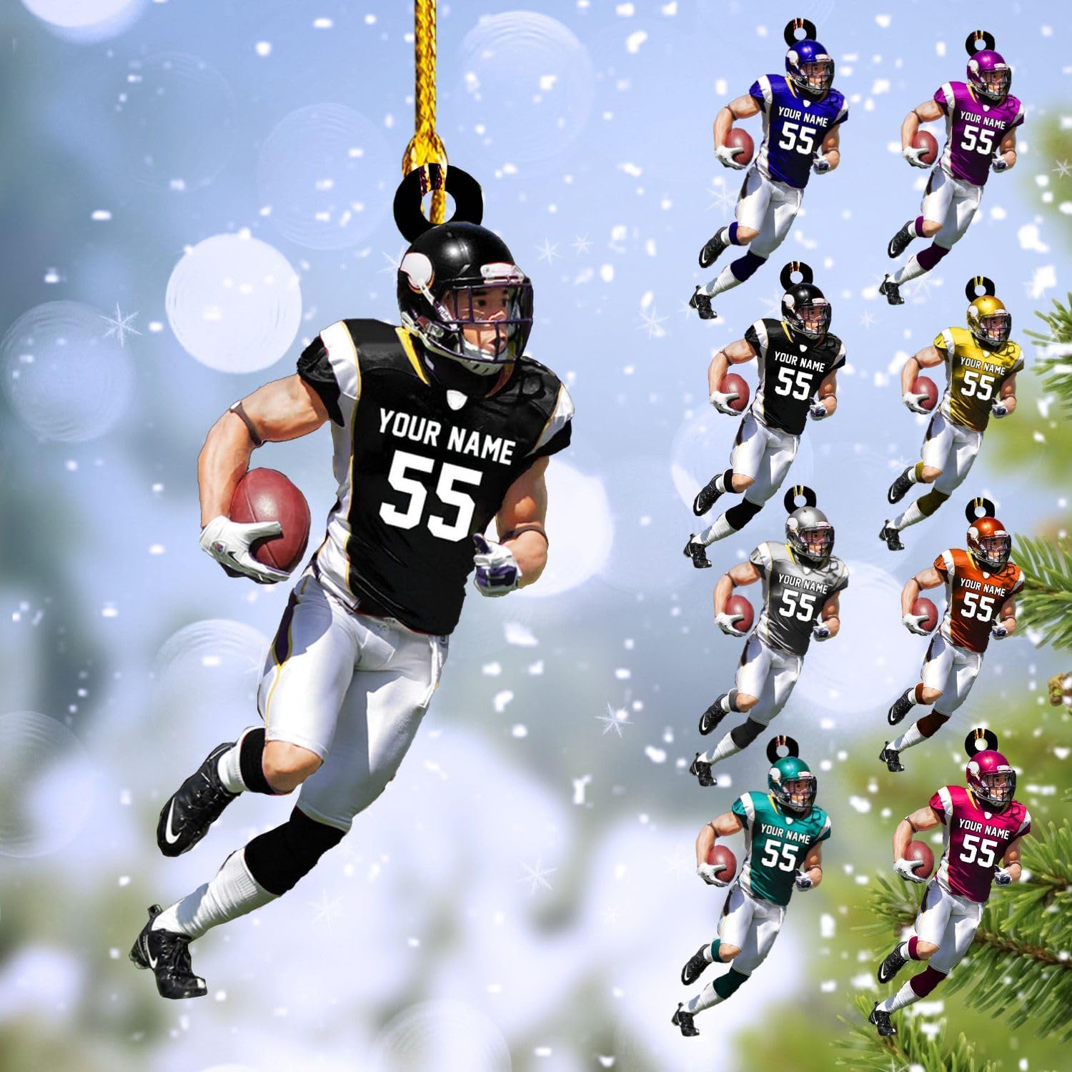 MoonArt Personalized Name Football Ornaments 2023, Customized Football Christmas Ornaments Wood Ornament Christmas Tree Hanging Ornament Pine Tree Decorations for Kid Couple Friends Family, Red (FB2)