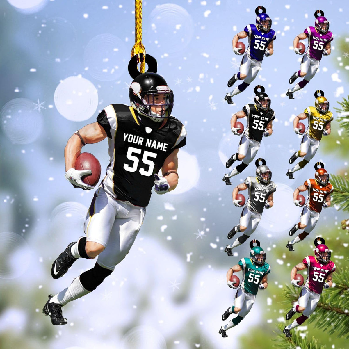 MoonArt Personalized Name Football Ornaments 2023, Customized Football Christmas Ornaments Wood Ornament Christmas Tree Hanging Ornament Pine Tree Decorations for Kid Couple Friends Family, Red (FB2)