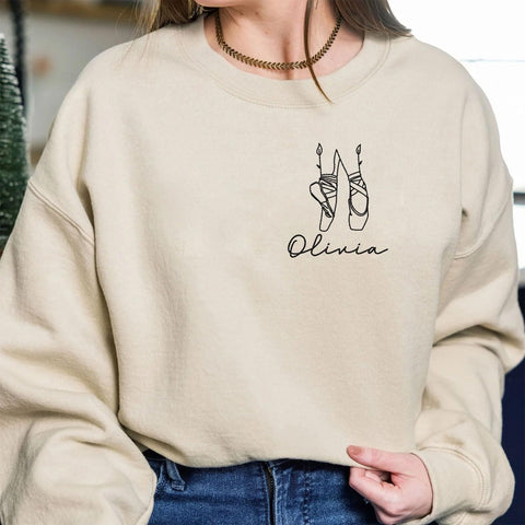 Custom Ballet Embroidered Sweatshirt for Women and Girls Ballerina Funny Dance Shoes Gift Cool Dancer Toe Dancing Sport Shirt